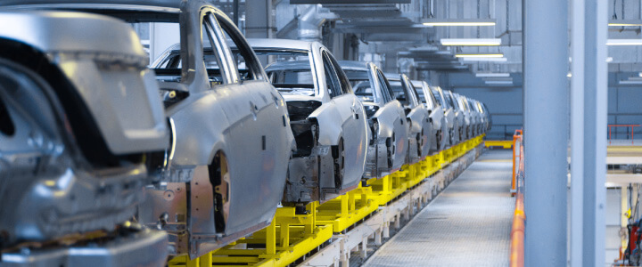 Movement of vehicles along the production line at the plant.